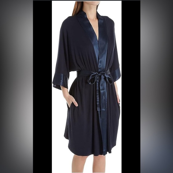 PJ Harlow Shala Knit Black Supima Cotton Blend Robe with Pockets & Satin Trim - Picture 3 of 12